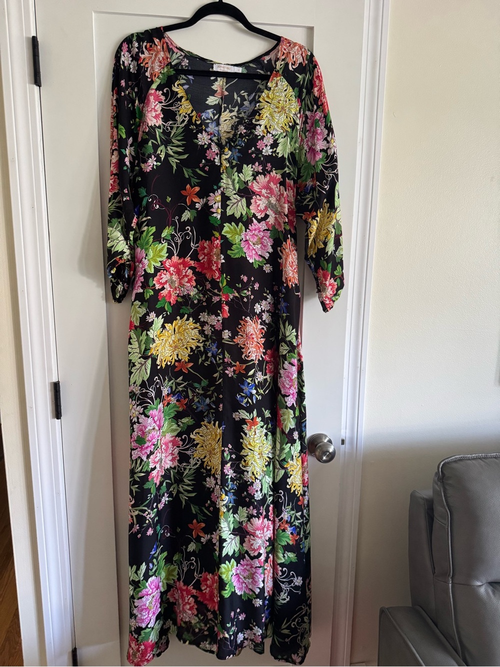Johnny Was Black Maxi Dress with Pink, Yellow and Green Floral Design